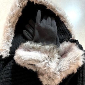 Black faux fur Lined hood scarf and faux fur lined gloves to match